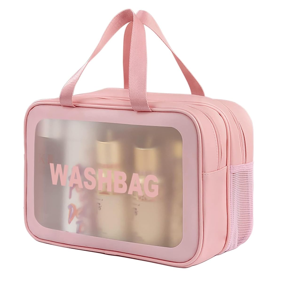 MAYCREATE Travel Toiletry Bag, Large Clear Makeup Bags, 2 in 1 Cosmetics Bag with Zipper Handle, Translucent Waterproof and Draining Travel Accessories Bag, Pink MAYCREATE Travel Toiletry Bag, Large Clear Makeup Bags, 2 in 1 Cosmetics Bag with Zipper Handle, Translucent Waterproof and Draining Travel Accessories Bag, Pink